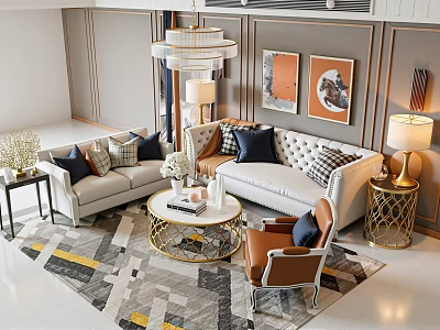 Elegant Modern Living Room Interior With Sectional Sofa Armchair Coffee Table And Decorative Paintings 3d model
