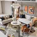 Elegant Modern Living Room Interior With Sectional Sofa Armchair Coffee Table And Decorative Paintings