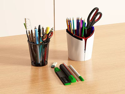 Office Desk Stationery with Black Mesh and White Pencil Holders Colorful Pens Scissors Highlighters 3d model