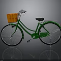 Green Bicycle with Orange Wicker Basket Black Comfortable Seat Silver Spoke Wheels Classic Retro Style