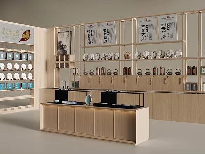 Modern Wooden Display Shelves Featuring Layered Shelves Glass Counter And Porcelain Items For Retail Store 3d model