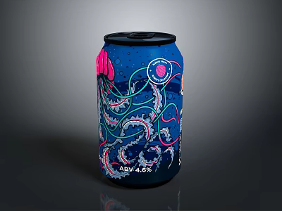 Vibrant Blue Canned Craft Beverage Featuring Octopus Tentacle Artwork And ABV 4.5% 3d model