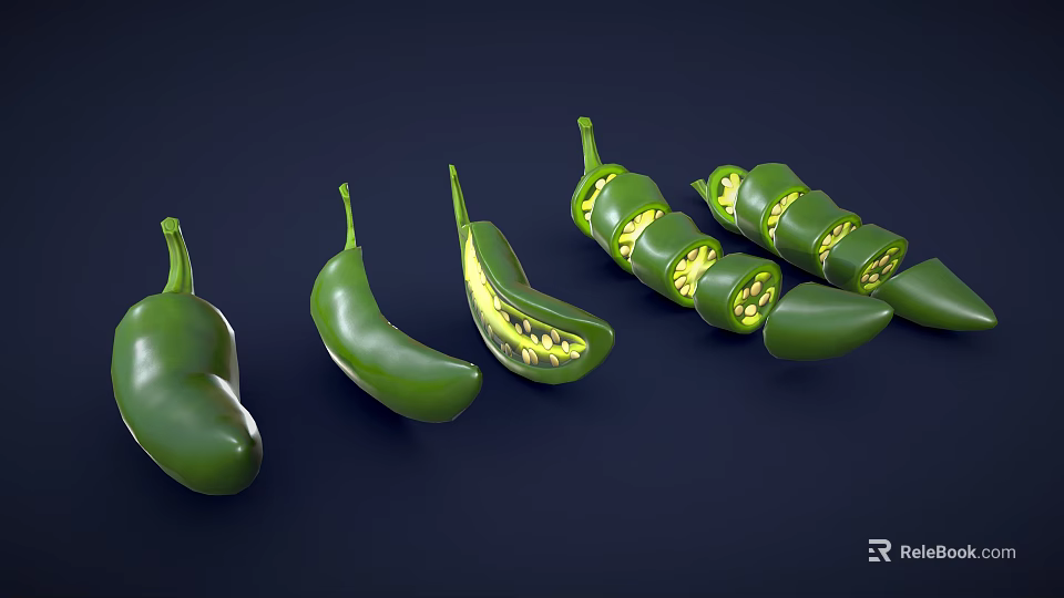 Fresh Green Chili Peppers Whole And Sliced Showing Inner Seeds 3d model 