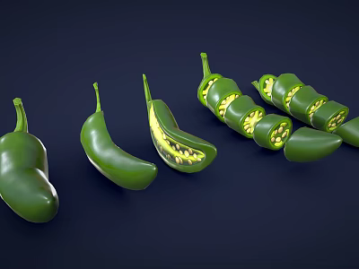 Fresh Green Chili Peppers Whole And Sliced Showing Inner Seeds 3d model
