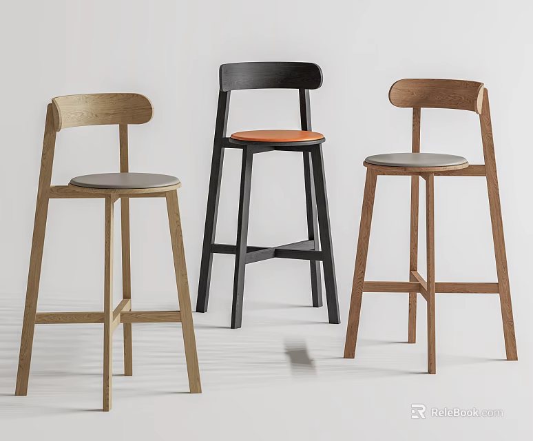 Modern Bar Stools with Wooden Frames Different Color Seats and Ergonomic Design 3d model