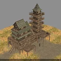 Multi Story Wooden Building With Tower Balconies And Gabled Roof On Grassland
