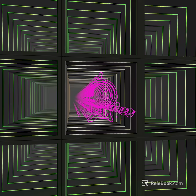 Grid Framed Mirrors Featuring Pink Spiral Center And Green Geometric Lines 3d model 