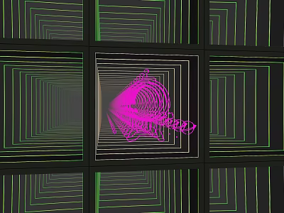 Grid Framed Mirrors Featuring Pink Spiral Center And Green Geometric Lines 3d model