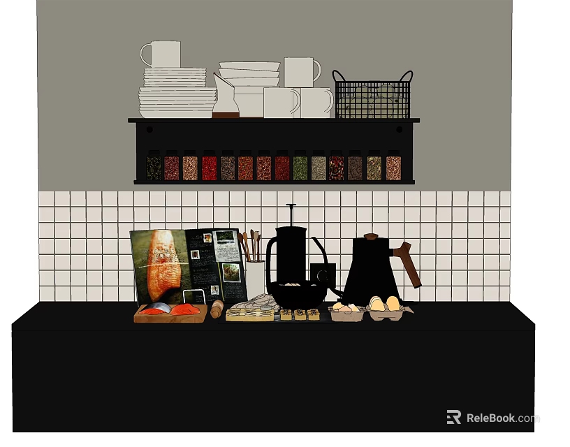 Practical Kitchen Cookware with Spice Jars Coffee Maker and Plates on Shelf and Counter 3d model