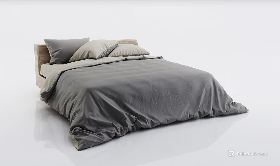 Minimalist Modern Double Bed With Wooden Headboard And Gray Bedding 3d model 