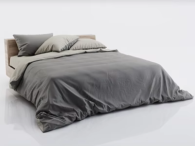 Minimalist Modern Double Bed With Wooden Headboard And Gray Bedding 3d model