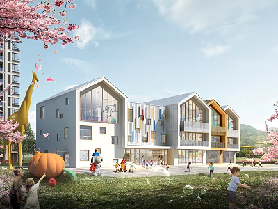 Modern School Building With Colorful Facade Cherry Blossoms Giraffe Sculpture And Children Playing On Lawn 3d model