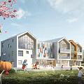 Modern School Building With Colorful Facade Cherry Blossoms Giraffe Sculpture And Children Playing On Lawn