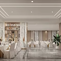 Elegant Modern Banquet Hall With Set Tables White Chair Covers Flower Vases And Wooden Walls