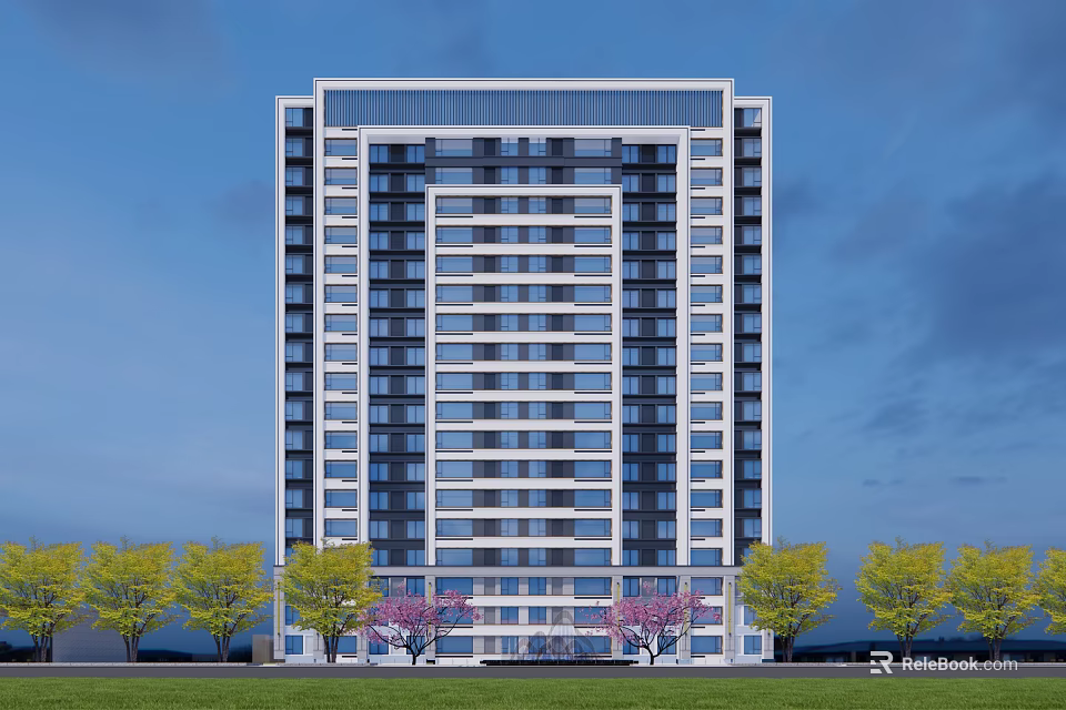 Modern High Rise Building Exterior With Large Windows And Green Trees 3d model 