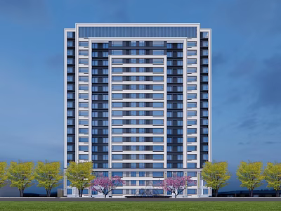 Modern High Rise Building Exterior With Large Windows And Green Trees 3d model