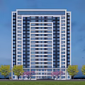 Modern High Rise Building Exterior With Large Windows And Green Trees
