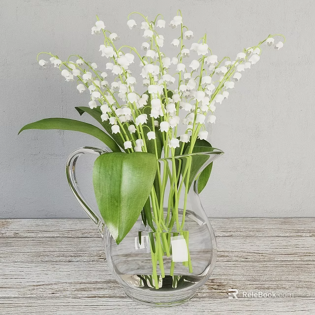 Glass Vase with White Lily of the Valley Flowers on Wooden Table against Gray Wall 3d model 