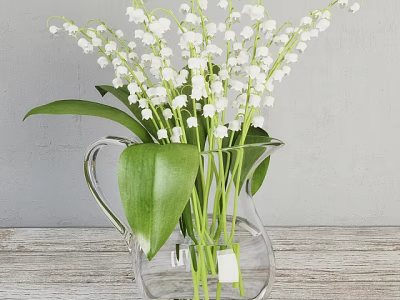 Glass Vase with White Lily of the Valley Flowers on Wooden Table against Gray Wall 3d model