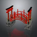 Red Japanese Style Bridge With Black Roofs Stone Bases And Ornate Railings