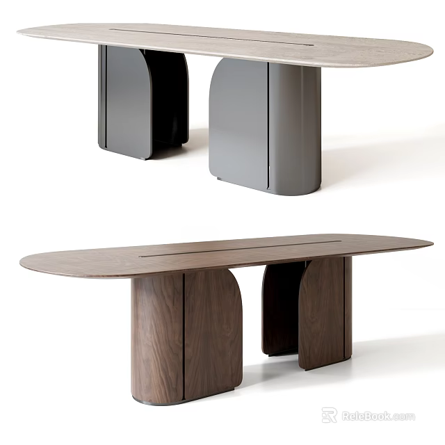 Modern Design Dining Table With Oval Top And Wooden Black Gray Bases 3d model 