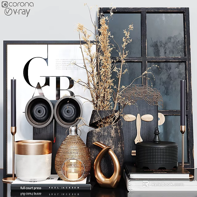 Modern Decorative Ornament Set With Dried Flowers Metal Vase And Geometric Accents 3d model 
