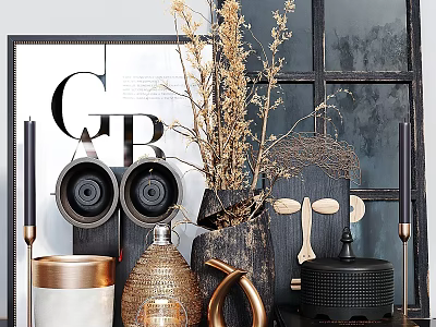 Modern Decorative Ornament Set With Dried Flowers Metal Vase And Geometric Accents 3d model