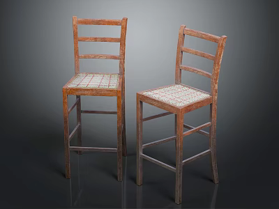 Two Light Brown Wooden Stools With Woven Checkered Seats And High Backrests 3d model