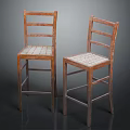 Two Light Brown Wooden Stools With Woven Checkered Seats And High Backrests