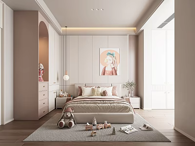Modern Kids Room Interior With Soft Beige Pink Bed Stuffed Toys And Decorative Rug 3d model