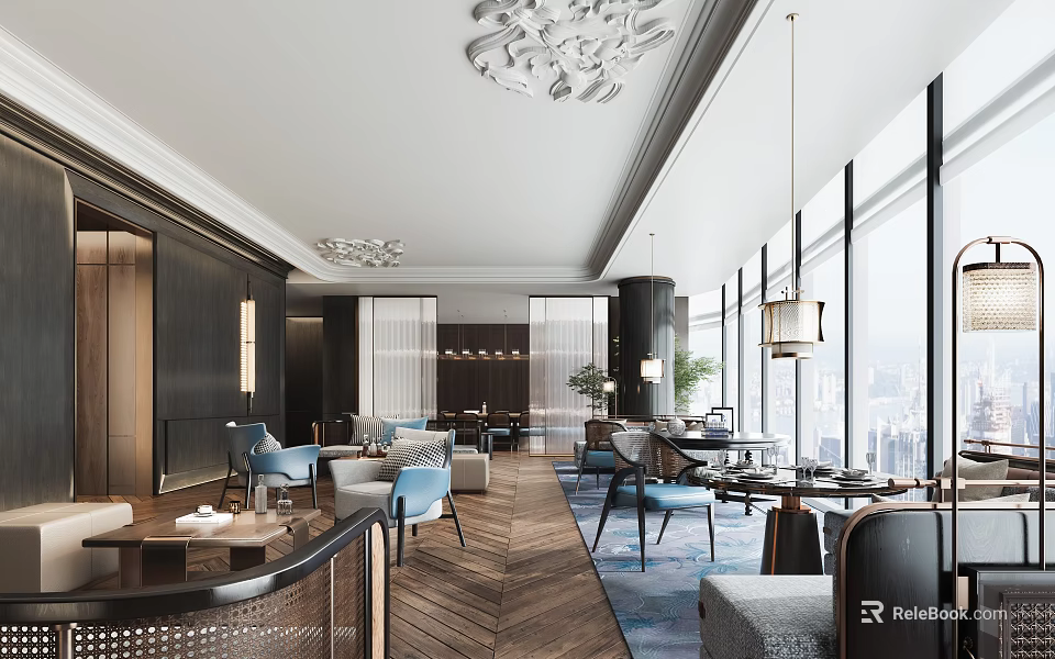 Elegant Modern Restaurant Interior With Floor to Ceiling Windows City View and Pendant Lights 3d model 