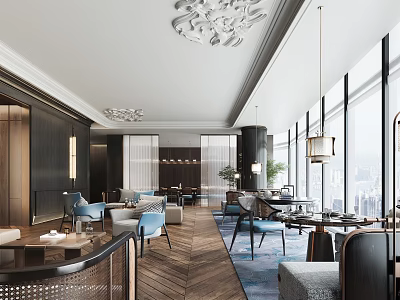 Elegant Modern Restaurant Interior With Floor to Ceiling Windows City View and Pendant Lights 3d model