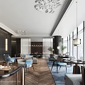 Elegant Modern Restaurant Interior With Floor to Ceiling Windows City View and Pendant Lights