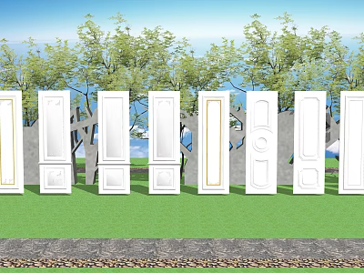 White Wall Panels with Various Decorative Patterns in Garden Setting with Green Lawn and Trees 3d model