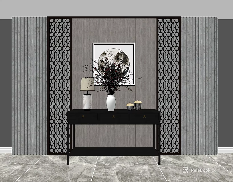 Modern Black Entryway Console Table With Vase Lamp Decor And Gray Striped Wall 3d model