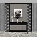 Modern Black Entryway Console Table With Vase Lamp Decor And Gray Striped Wall 3d model