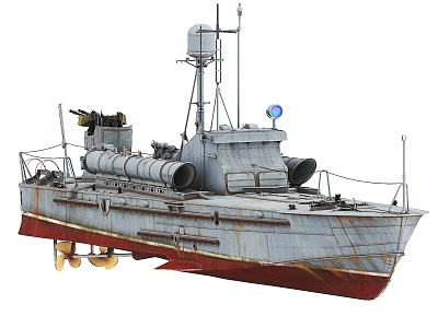 Vintage Warship Model With Gray Hull Red Bottom And Cannon Radar Antenna 3d model