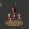 Medieval Armored Soldiers With Orange Flag On Circular Grass Base