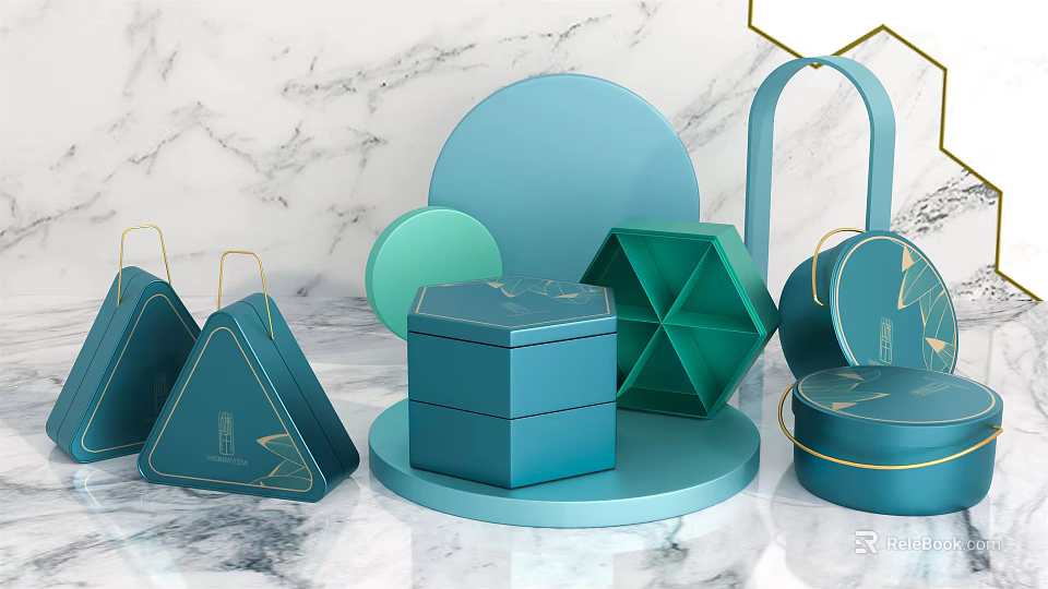 Decorative Ornament Set with Teal Green Geometric Shapes and Gold Accents on Marble 3d model 
