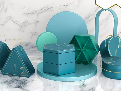 Decorative Ornament Set with Teal Green Geometric Shapes and Gold Accents on Marble 3d model