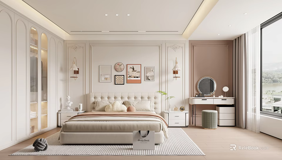 Elegant Bedroom Interior With Beige Bed Pillows Decorative Paintings Wall Lamps And Dressing Table 3d model 
