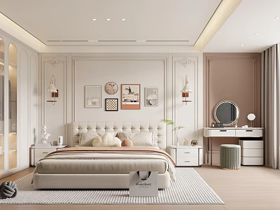 Elegant Bedroom Interior With Beige Bed Pillows Decorative Paintings Wall Lamps And Dressing Table 3d model