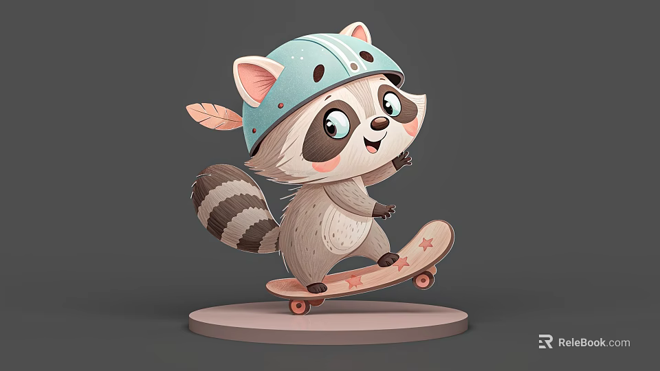 Cute Reptile Wearing Light Blue Helmet With Feather Decoration On Skateboard With Pink Stars 3d model 