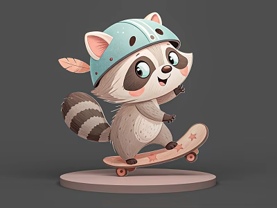 Small Raccoon Happy Skateboarding Cartoon Animal Cute Anime Character Hand-made Silhouette 3d model