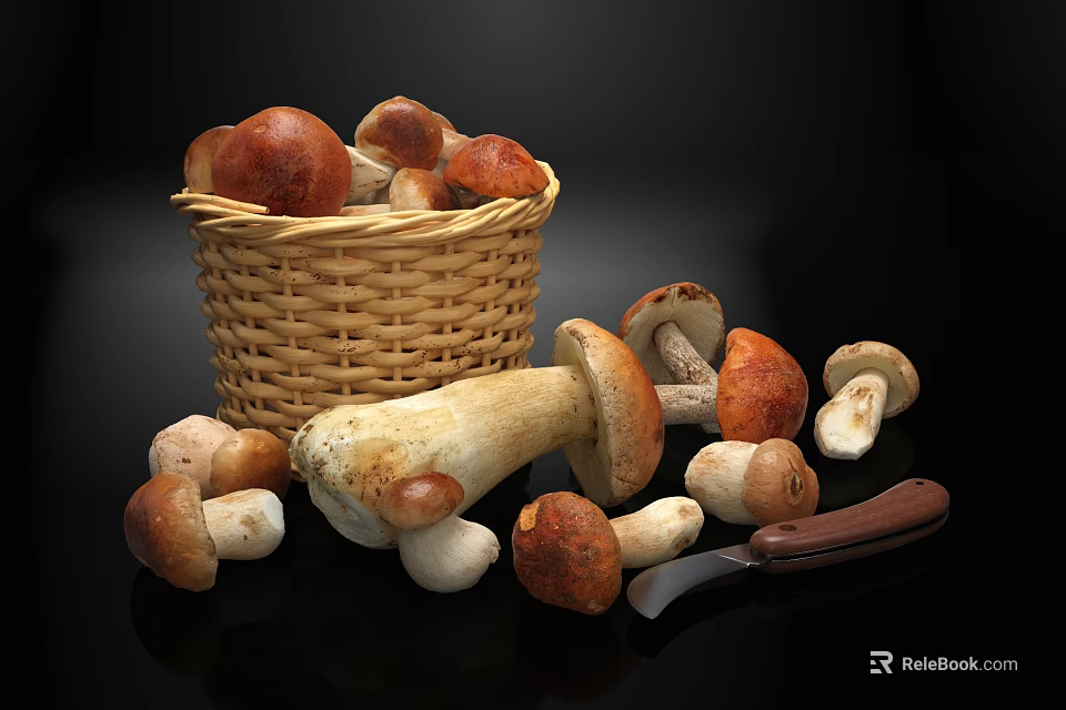 Fresh Wild Mushrooms In Wicker Basket With Scattered Ones And Wooden Handle Knife 3d model 