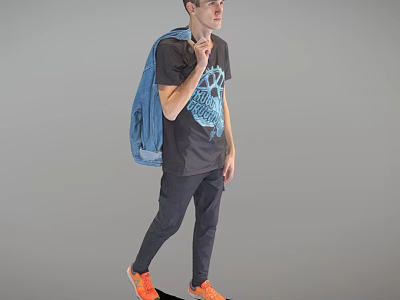 Man Walking With Blue Backpack Black T Shirt Blue Graphic Black Pants And Orange Shoes 3d model