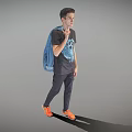 Man Walking With Blue Backpack Black T Shirt Blue Graphic Black Pants And Orange Shoes