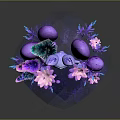 Fantasy Blue Rabbit Game Character With Large Ears Surrounded By Purple Pink Flowers Green Plants