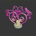 Decorative Ornament With Heart Shape Curly Patterns Birds Leaves Pink Stone And Golden Base