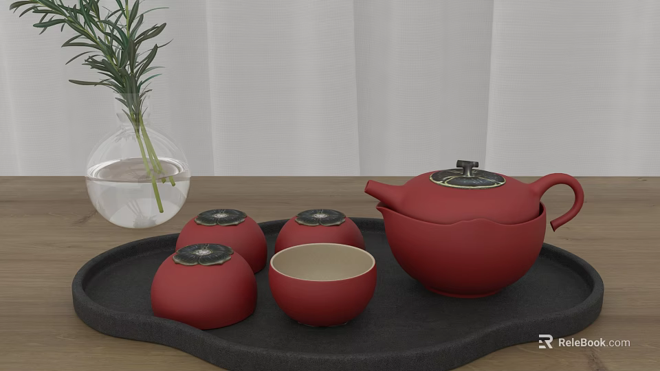 Red Tea Set with Teapot Cups on Black Tray and Green Plant 3d model 